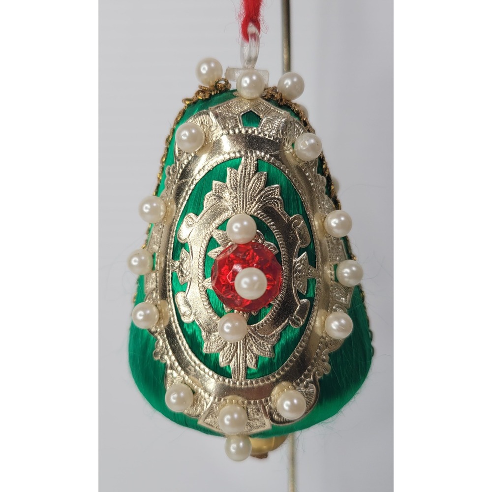 Vintage Christmas Ornament Green Satin Faux Pearl Red Rhinestone Holiday